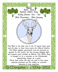 White Stag- Birch-Celtic-Lunar-Zodiac-Sign-Print-Druid-Tree-Lore Astrology Art-Dec-Jan Birthdays Pagan Altar Decor 