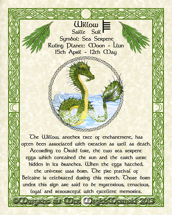 Willow-Sea-Serpent-Celtic-Lunar-Zodiac-Sign-Print-Druid-Tree-Lore Astrology Art-April-May Birthdays Pagan Altar Decor