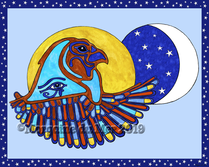Egyptian Sky God Horus Falcon Head Print Sun Moon Stars Protection Symbol Altar Art
