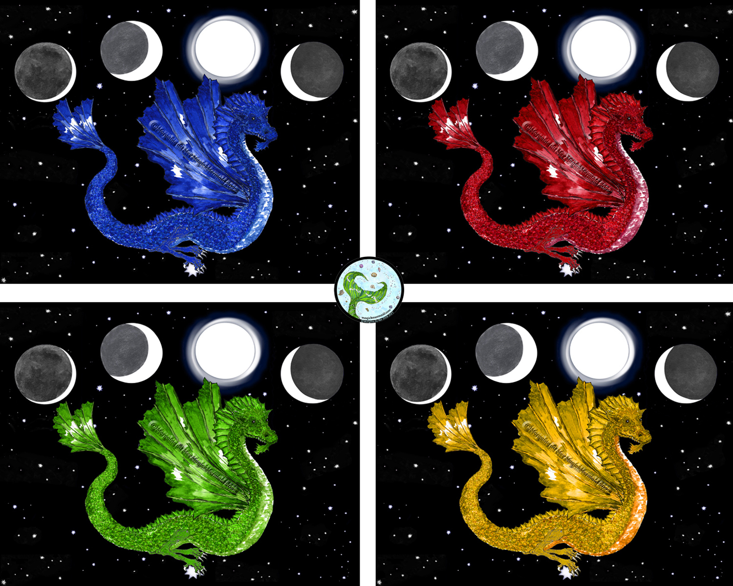 Flying Elemental Dragons Moon Phases ACEOs Pagan Altar Decor Miniature Art