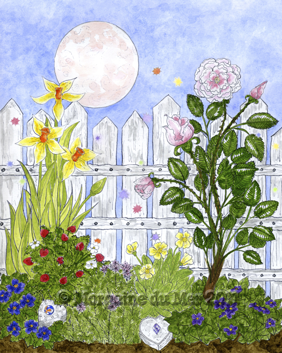 Fairy Attraction Garden Print Summer Flowers Pink Full Moon Magickal Fantasy Art