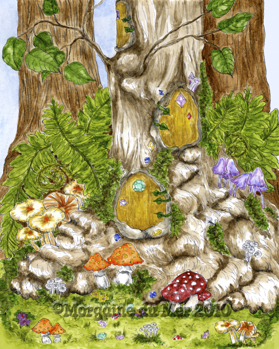 Fairy Doors in a Tree House Print Mushroom Garden Magickal Fantasy Art 