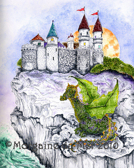 Enchanted Fairytale Castle Young Dragon Print Full Moon Magickal Fantasy Art 