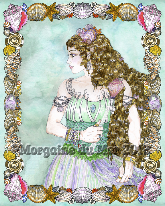 Fand Celtic Fairy Queen Sea Goddess Print with Seashell Border Mythology Art