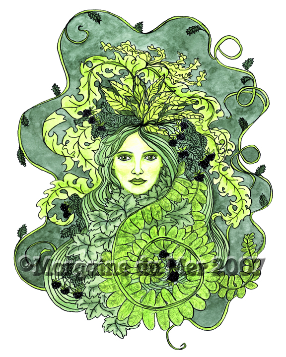 Greenwoman with Blackberries and Ferns Print Pagan Nature Art Mother Earth Altar Decor