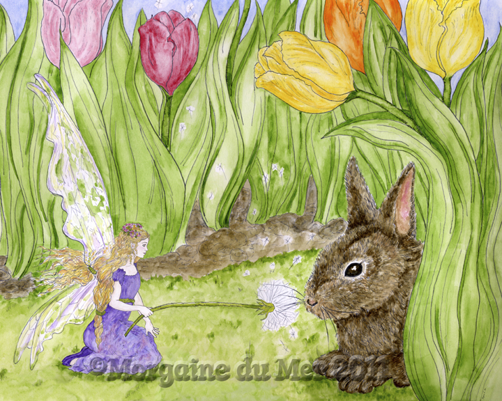 Tiny Fairy and Bunny Rabbit in Spring Tulip Garden Print Fantasy Art for Children