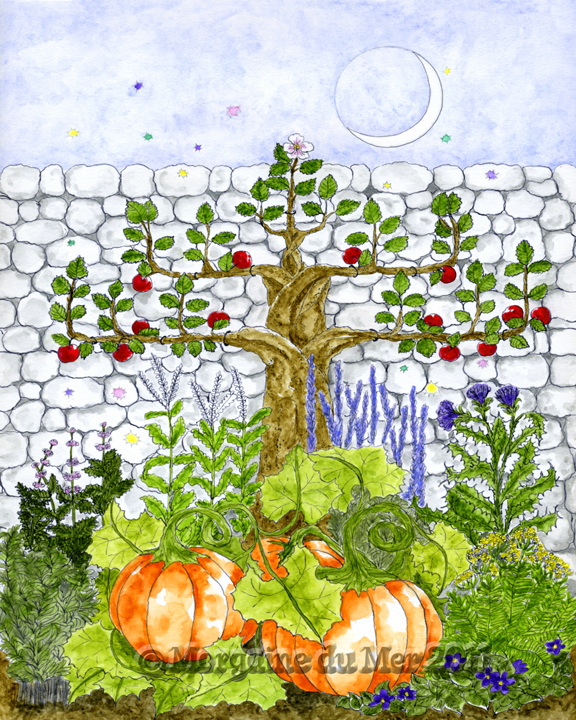 Magickal Fall Garden Print New Moon Apple Tree Pumpkins Autumn Fantasy Art