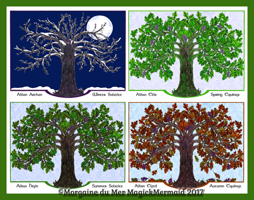 Magickal Oak Tree Celebrating Four Seasons Print with Green Border Pagan Altar Art