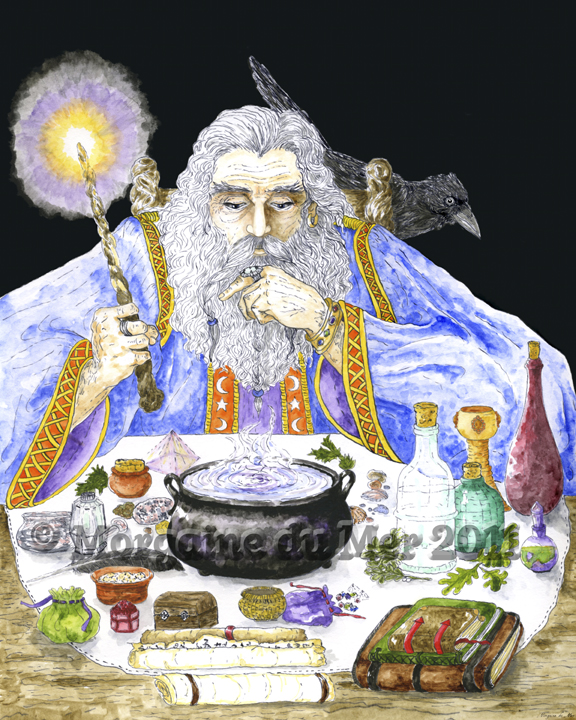 Merlin and Raven Sorcerer Wizard Print Arthurian Legend Pagan Magickal Altar Art