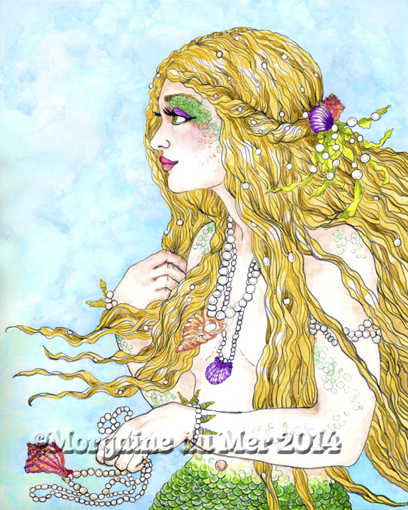 Blonde Mermaid Adorned with Shells and Pearls Fine Art Print
