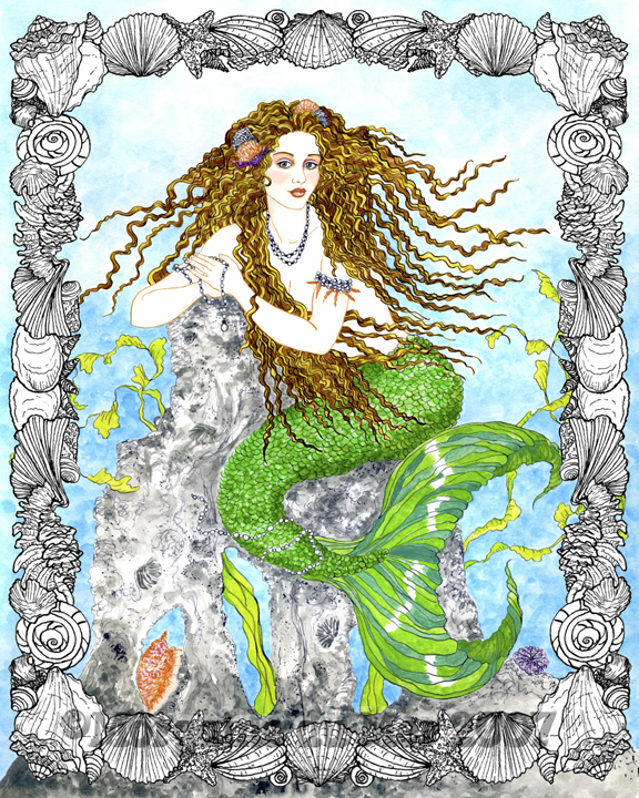 Mermaid's Daydreams with Seashell Border Print Under the Sea Art 