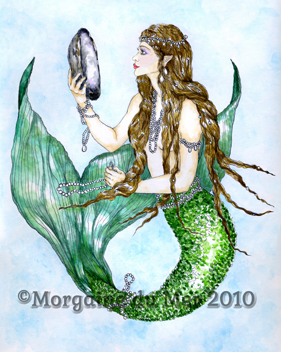 Mermaid Looking in Abalone Shell Mirror Print Fantasy Art