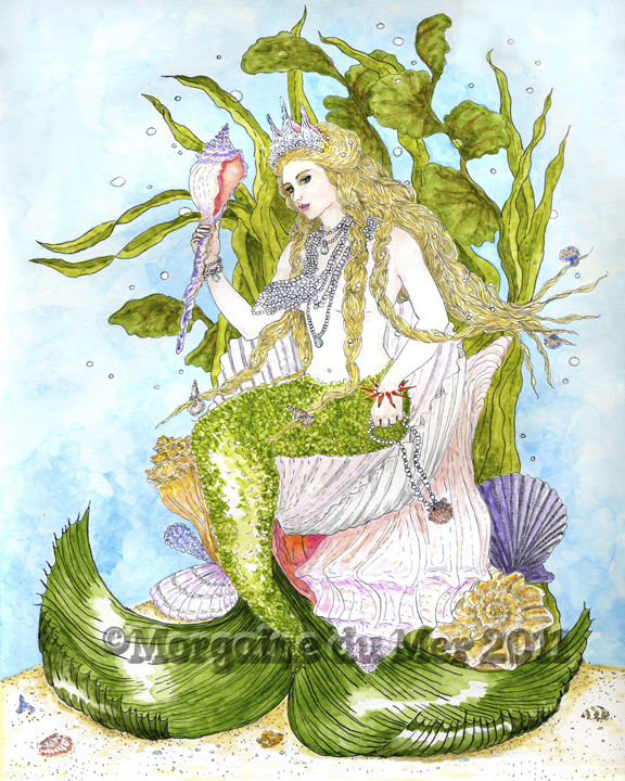 Mermaid Queen Sitting Upon Seashell Throne Print Queen of Cups Tarot Art
