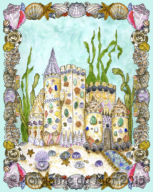 Mermaid Mer Folk Sand Castle with Seahell Border Print Under the Sea Fantasy Art