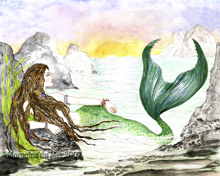 Mermaid Gazing at Sunrise Print Fantasy Wall Art