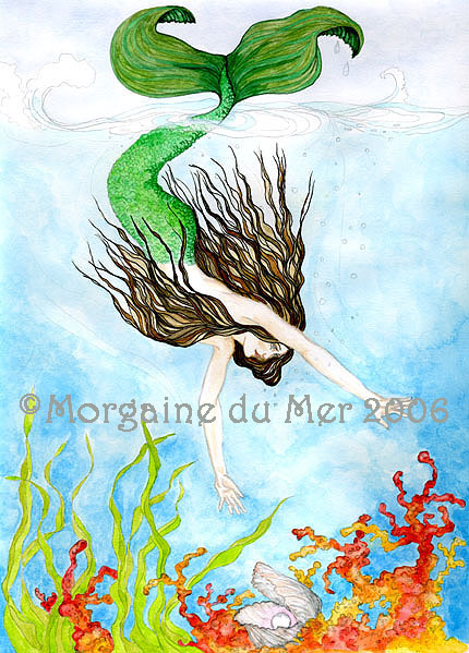 Brown Haired Mermaid Diving to Coral Reef Print Fantasy Art 