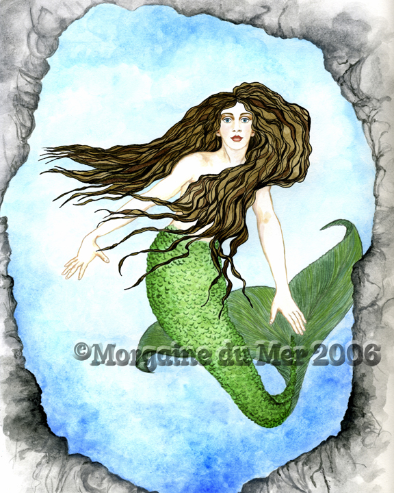 Brown Haired Mermaid of the Blue Grotto Print Sea Siren Fantasy Art 