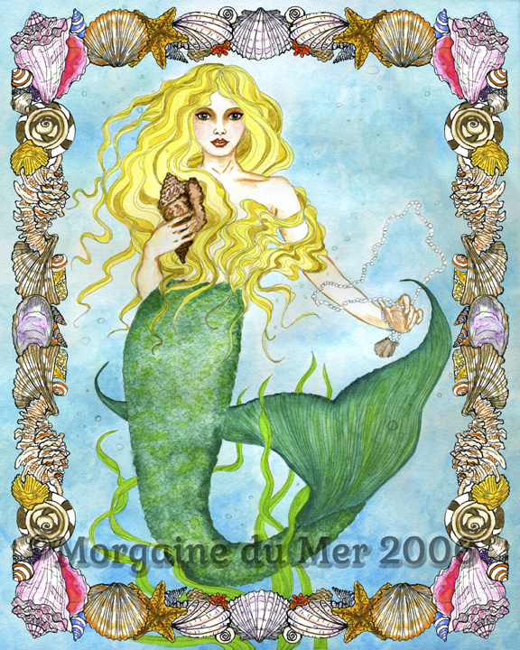 Blonde Mermaid with Pearl Necklace Sea Siren Print Fantasy Art Seashell Border