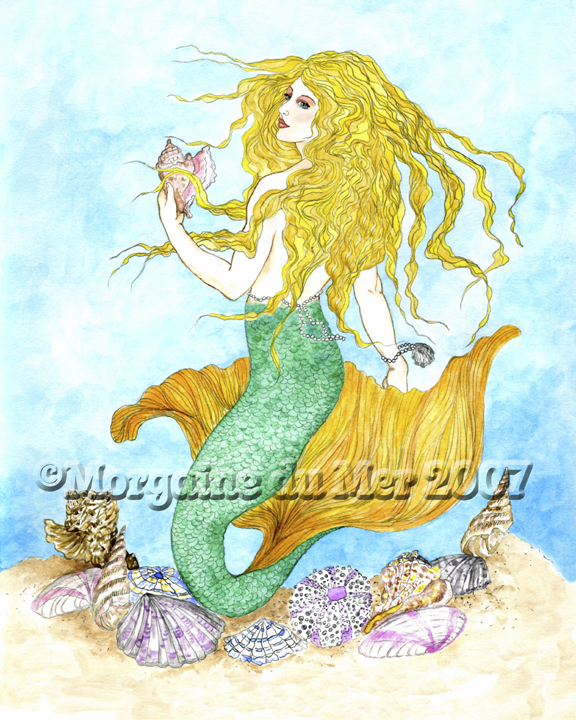 Blonde Mermaid and Seashells Sea Siren Fantasy Art Print