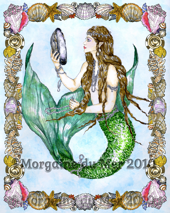Mermaid's Mirror w Seashell Border Fine Art Print