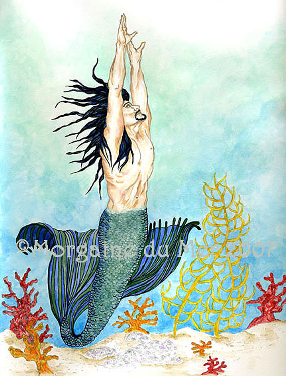 Black Haired Merman of the Coral Reef Print Fantasy Fine Art 