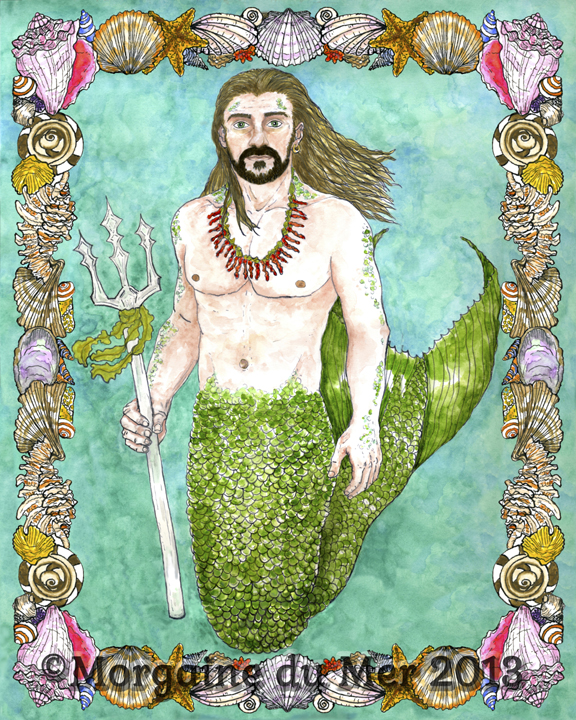 Neptune Poseidon Sea God Merman Art Print with Seashell Border
