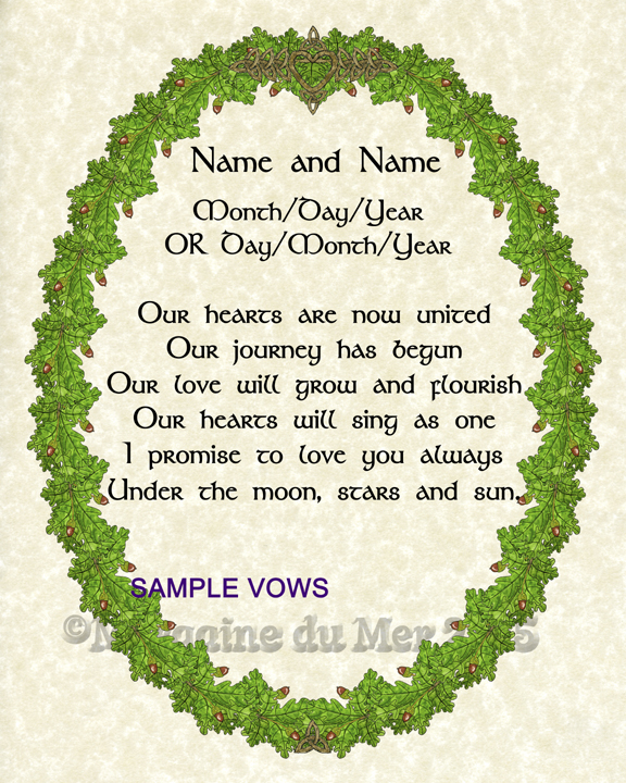 Oak Leaves and Acorns Wreath Custom Woodland Handfasting Wedding Vows Print on Parchment
