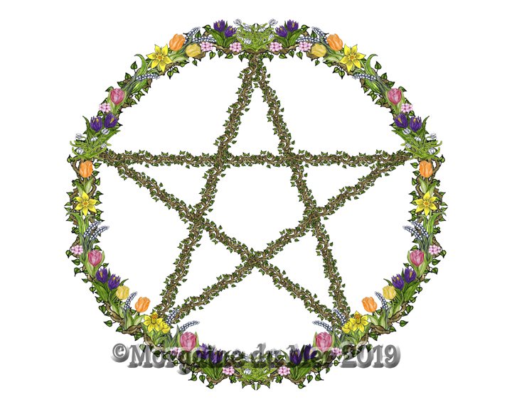 Spring Equinox Pentacle Print Flower Wreath Pagan Wiccan Altar or Wall Art 