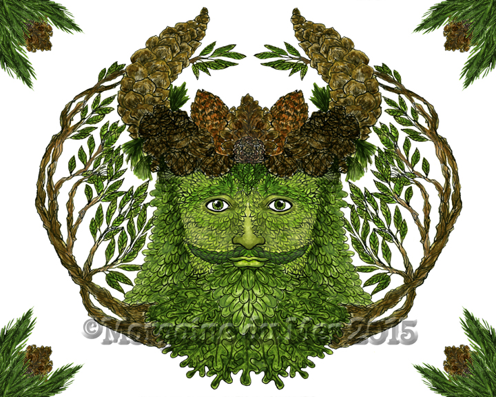 Cernunnos Greenman Print  Lord of the Forest Pagan Nature Mythology Art w Border Altar Decor