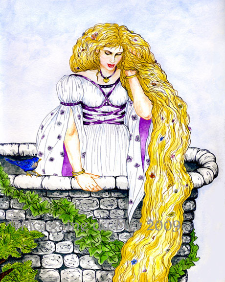 Rapunzel Magickal Fantasy Fairytale Art Print Ink and Watercolours