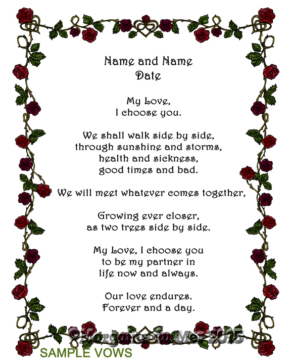 Entwined Red Roses Custom Wedding Handfasting Vows Print on White Medieval Renaisance Style