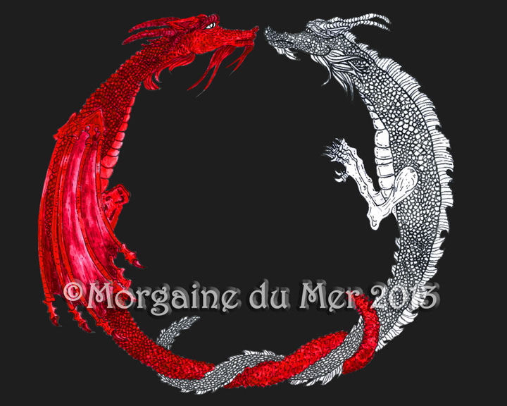Red and White Alchemy Dragons Druid Lore Pagan Art Print Black Background