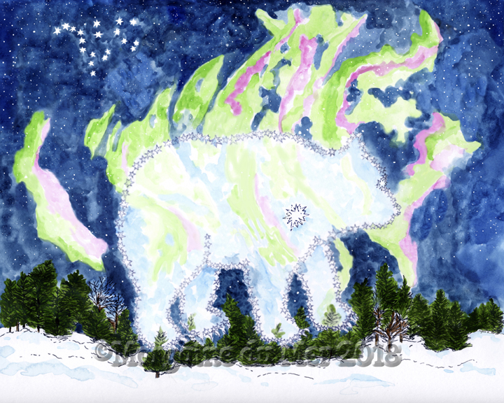 Spirit Bear in Winter Print Northern Lights Night Sky Stars Art 