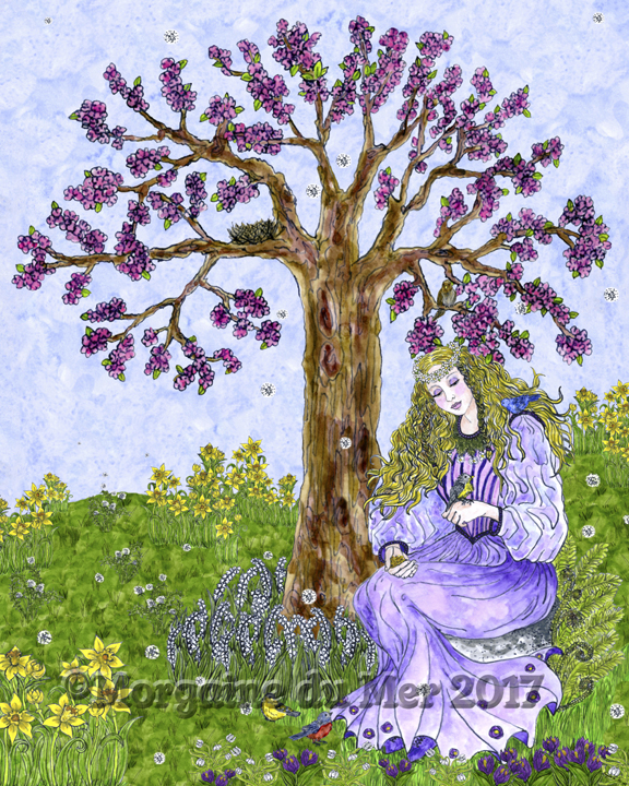 Spring Fairy and Birds in Colourful Flower Garden Print Magickal Fantasy Art