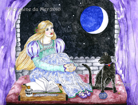 Girl and Cat New Moon Print Magickal Fantasy Art Telling My Secrets to the Moon