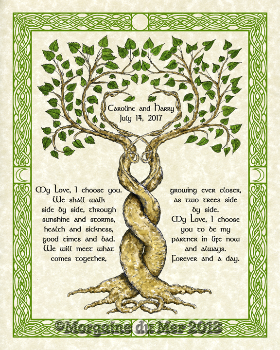 Two Green Trees Entwined Custom Wedding Handfast Vows Print Celtic Knotwork Border w Moon Phases Art 