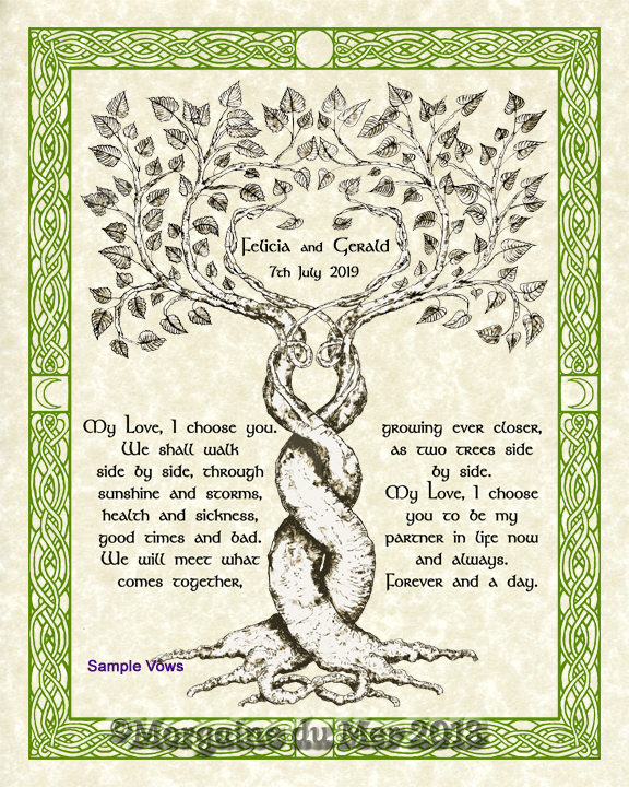Two Sepia Trees Entwined Green Celtic Border Custom Wedding Handfast Vows Art Print on Parchment