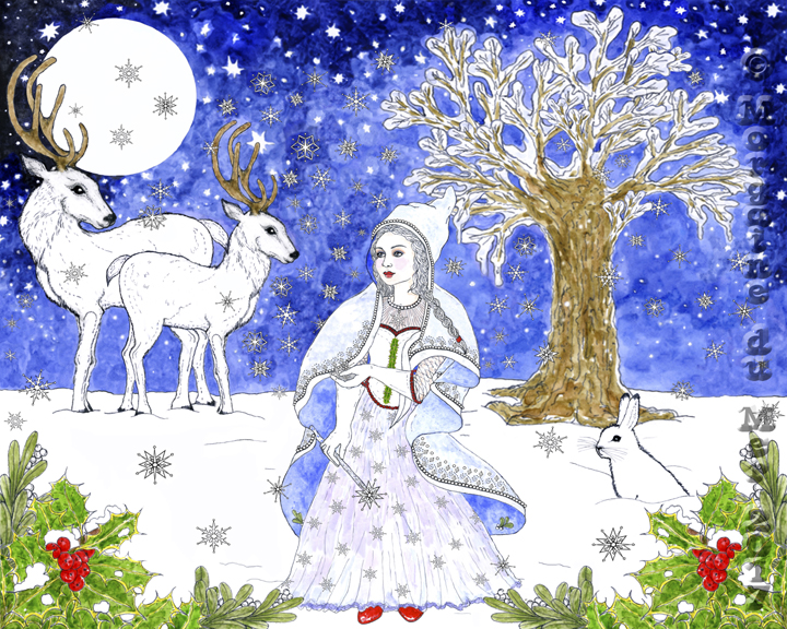 Winter Fairy White Deer Full Moon Print Fantasy Fae Art 