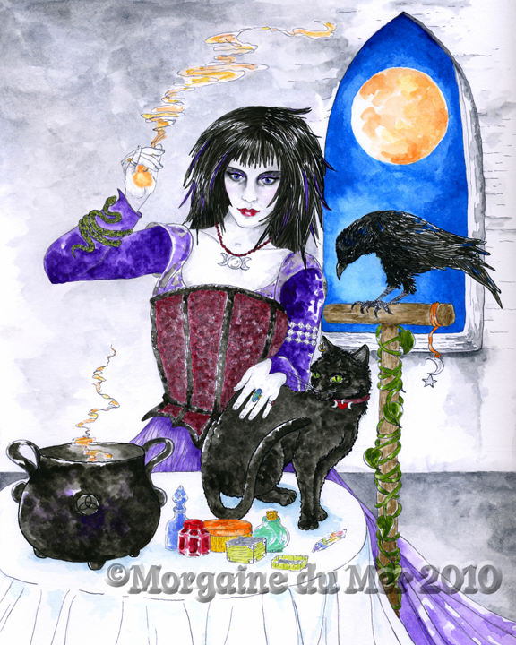 Spellcaster Witch Cat Raven Snake Cauldron Print Halloween Fantasy Art