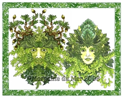 Greenman & Greenwoman Together Print w Leaf Border Pagan Altar Art Handfasting Gift