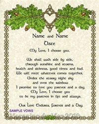 Entwined Hearts Triquetra Oak Leaves Acorns Custom Celtic Pagan Handfasting Wedding Vows Art Print Parchment