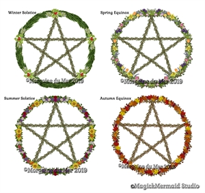 Seasonal Pentacles Pentagram ACEO ATC Prints  Pagan Altar Miniature Art
