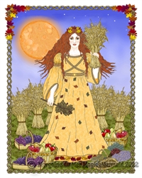 Autumn Goddess Full Moon Harvest Print w Fall Leaves Border