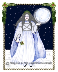 Winter Goddess Full Moon Snow Flakes Print w Holly Mistletoe Pine Border