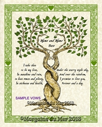 Two Trees Entwined Green Celtic Border w Hearts Custom Wedding Print Wall Art